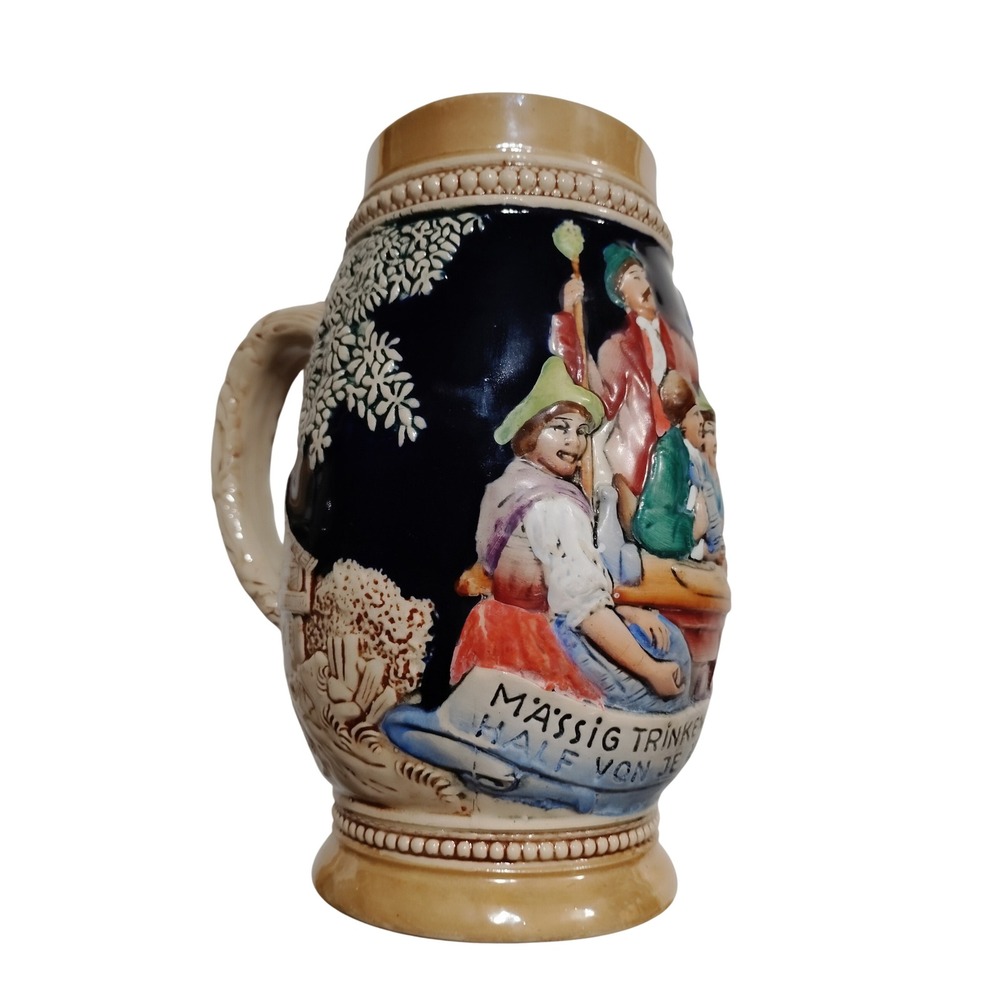 Vintage German Beer Stein‎ Cobalt Blue Relief Tavern Scene M'assig Trinken Mug
